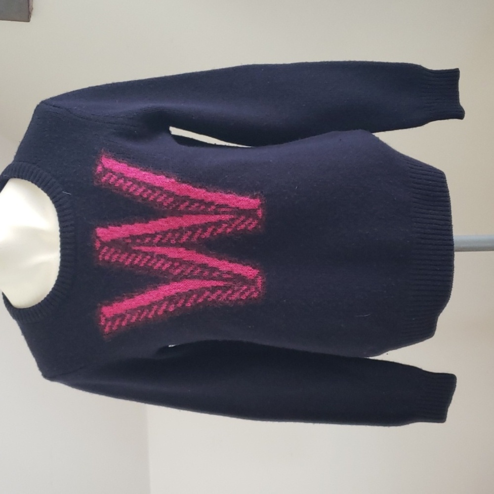 JACK WILLS Sweater Merino Wool Navy with Vivid Pink "W" Logo, Womens US 4 UK 8